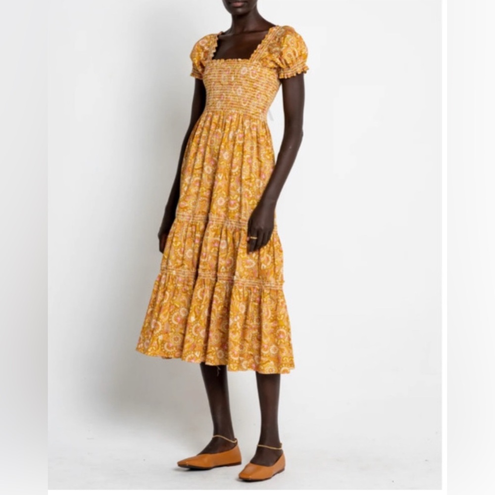 O.P.T. Daphne Smocked Dress in Yellow Floral Print Square Neck.